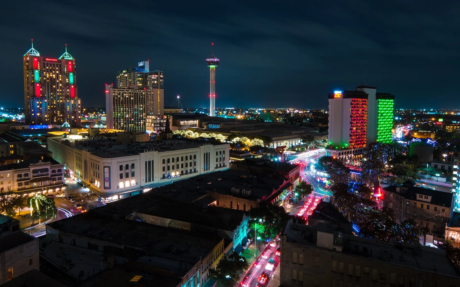 Downtown San Antonio and the River Walk illuminated at night